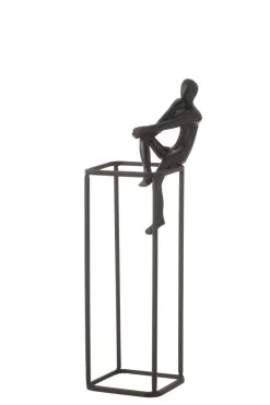 Statue Personnage Pensif Sur Cube Aluminium Noir
