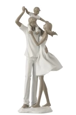 Statue Couple + Enfant Sur Les épaules Blanc Taupe