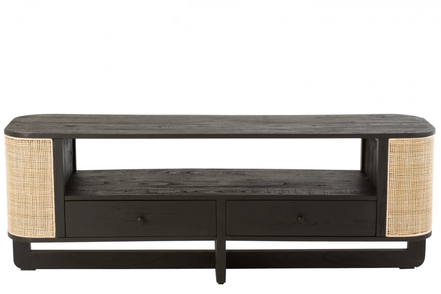 Meuble TV Molly Bois Noir Rotin Naturel 4 Meuble TV Molly Bois Noir Rotin Naturel – Image 2