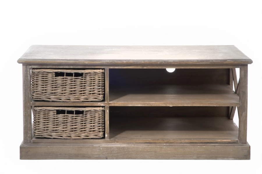 Meuble TV Bois Naturel Grisé Paniers Osier Jolipa 4 Meuble TV Bois Naturel Grisé Paniers Osier Jolipa – Image 2