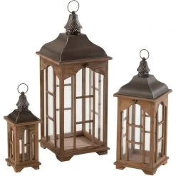 S/3 Lanternes Chalets Bois Marron