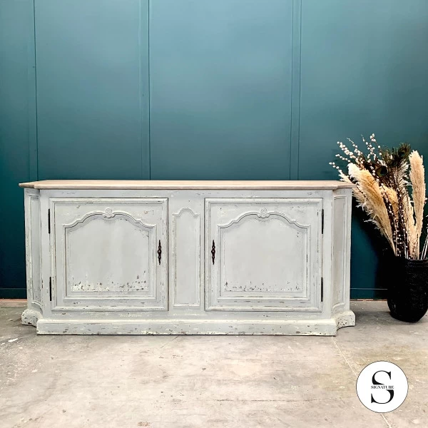 Buffet Bas 2 Portes Joséphine Gris Vieilli Plateau Chêne 4 Buffet Bas 2 Portes Joséphine Gris Vieilli Plateau Chêne – Image 2